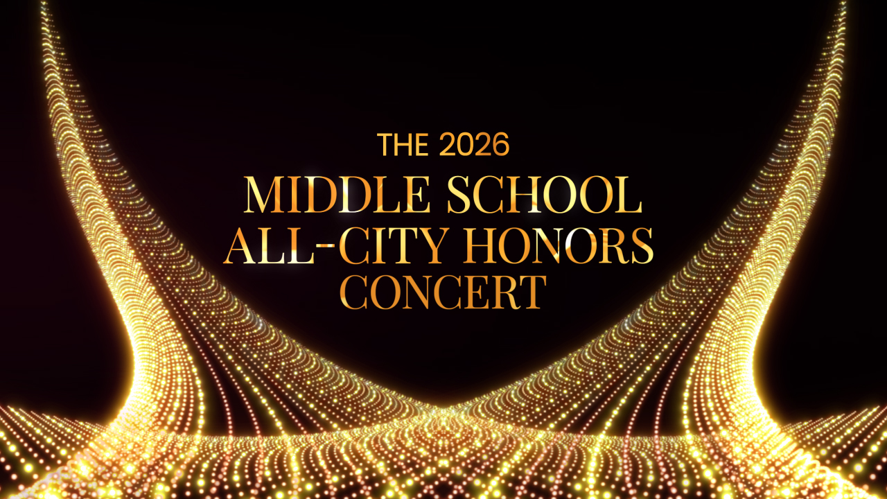 Black background with swirling gold design. In middle, words in gold saying "The 2025 Middle School All-City Honors Concert"