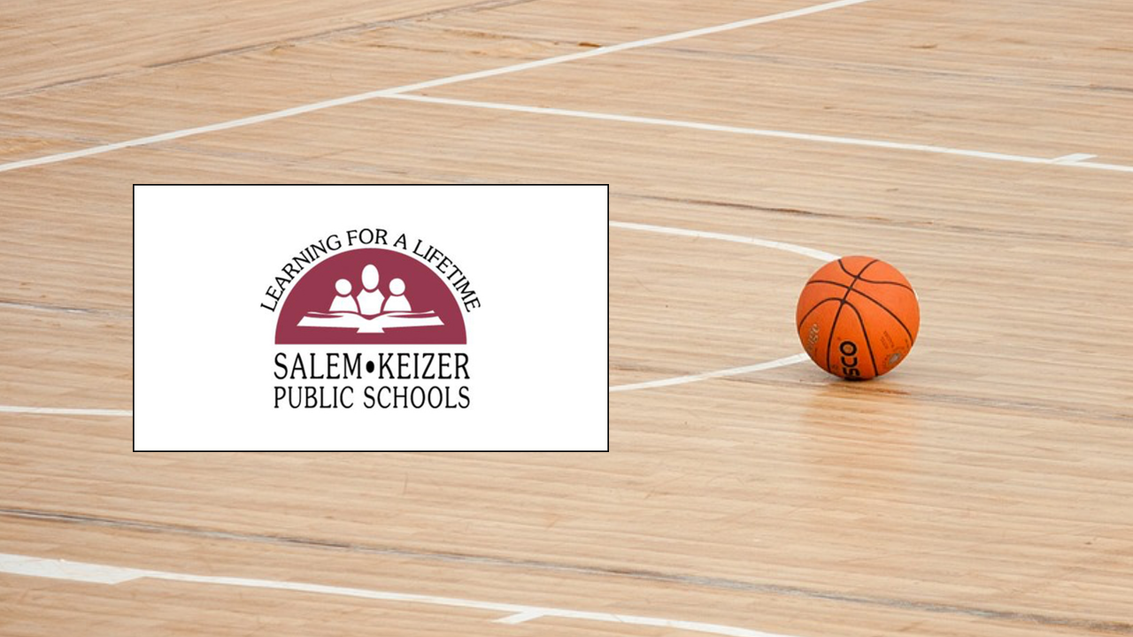 basketball court with orange basketball to the right center. Salem Keizer Public Schools logo on the left.