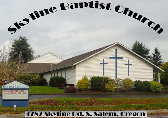 White church with three crosses on it. Skyline Bible Church in black arched over the top.