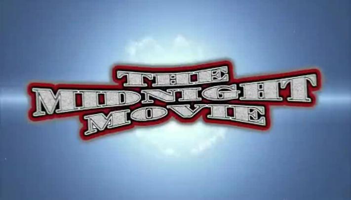 Blue and white variegated background with red and white words in the middle: "The Midnight Movie"
