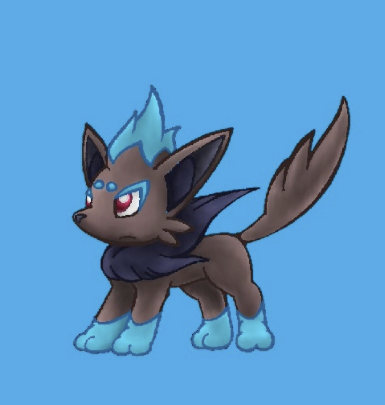 Blue background with a greyish black fox like pokemon character in the center
