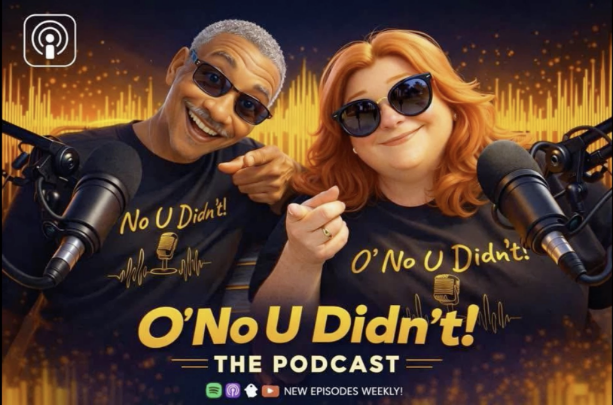 Animated background with a black man to the left behind a podcast mc wearing a black shirt. Red haired woman in black tee seated to right behind a podcast mic "O No You Didn't the podcast" at the bottom in yellow