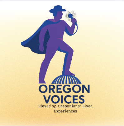 Yellow and white variegated background with a purple man holding a mic and the words "Oregon Voices Elevating Oregonians' Lived Experiences" underneath