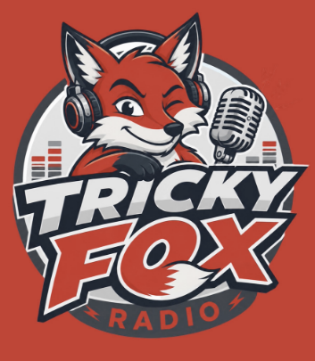 Red background with a radio fox in the center and the words "