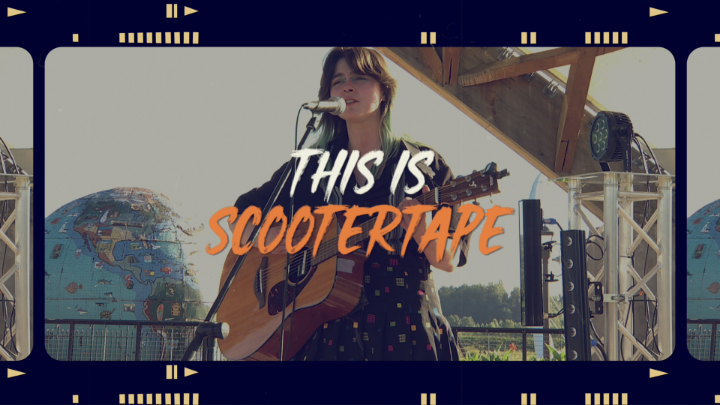 Singer playing guitar in the background with white and orange words in the center: "This is Scootertape"