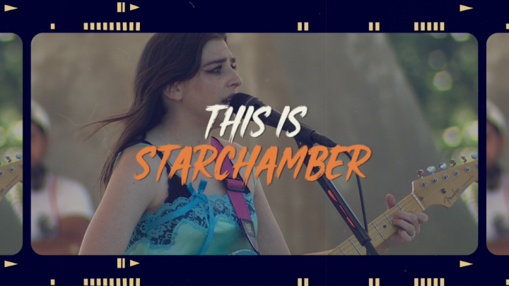 Singer in the background with white and orange words in the center: "This is Starchamber"
