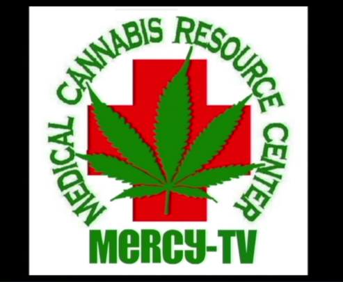 Black and white background with a red cross in the middle and a green cannabis leaf over that. Green words circle the center: "Medical Cannabis Resource Center Mercy TV" 