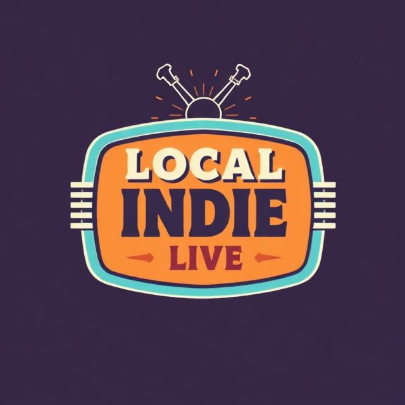 Purple background with a blue and yellow amulet in the center. In that, the words "Local Indie Live"