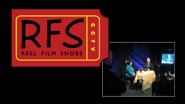 Red movie ticket logo top left. Picture of two people sitting in a tv studio bottom right.