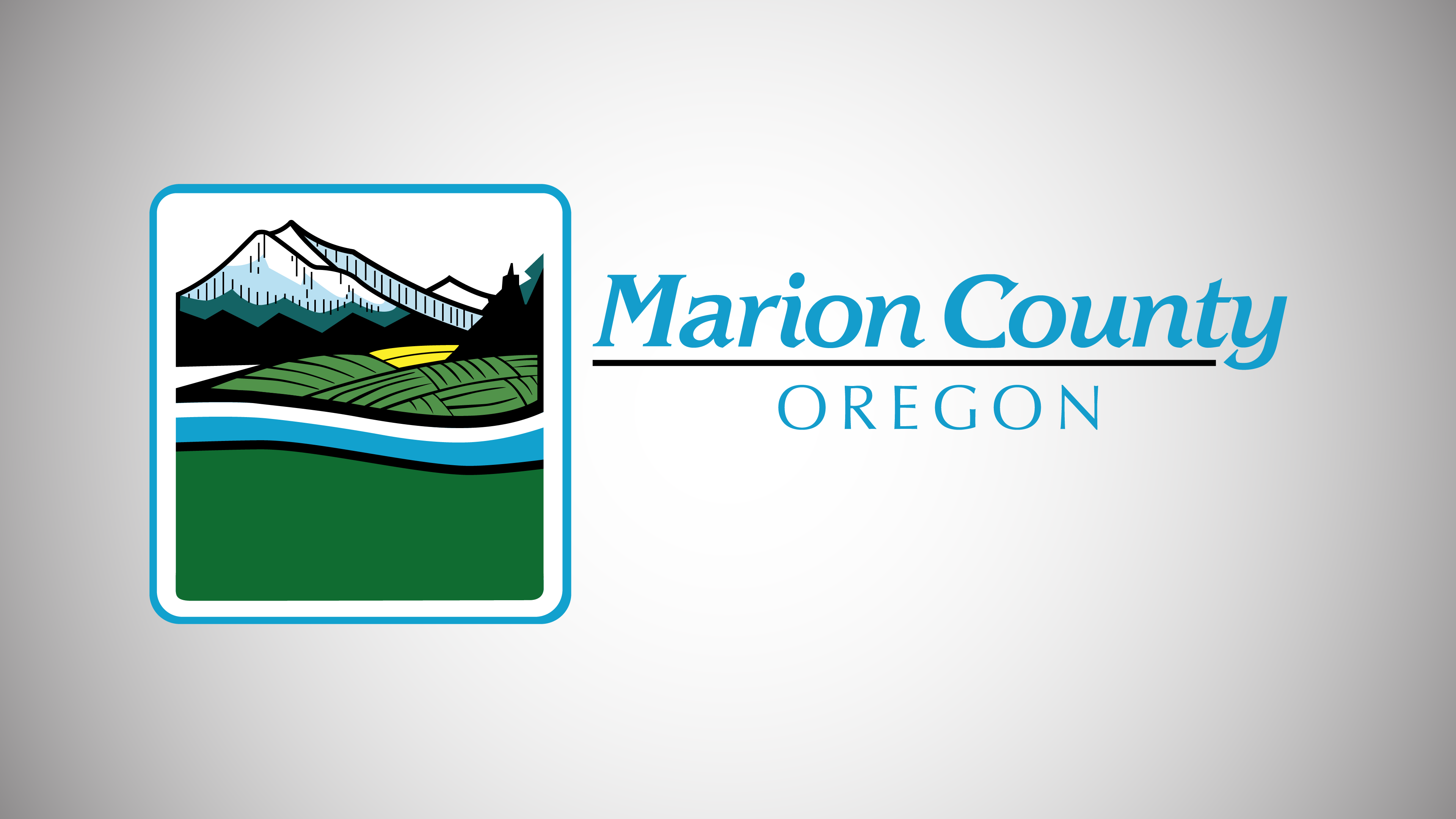 Gradient black to white background with Marion County logo and blue words that say "Mairon County Oregon"