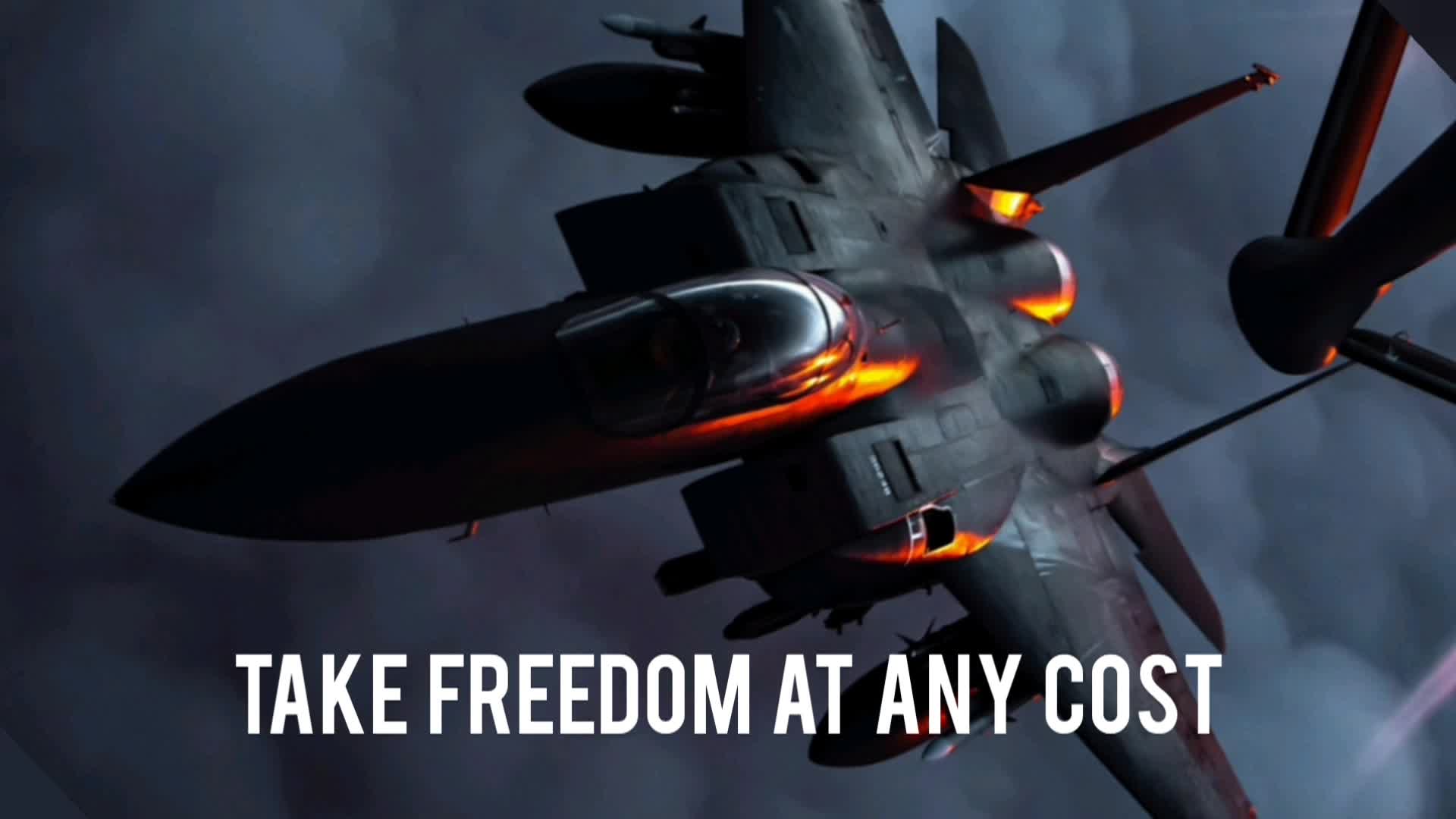 Sideways fighter jet in the sky with the words "Take Freedom at any Cost" in white at the bottom